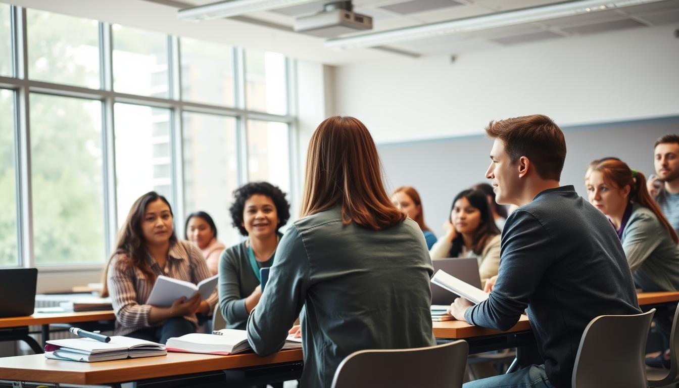 Students studying together in modern classroom